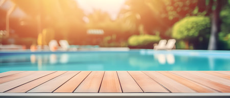 Summer Serenity: Empty Board Table in Front of a Sparkling Swimming Pool with Blurred Background. generative AI.の素材