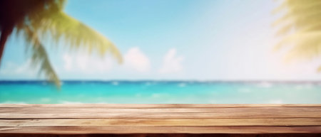 Relaxing Summer Vibes: A Serene Wooden Table Against a Blue Sky, Overlooking a Palm Leaf-Blurred Bokeh Background of the Sea. generative AI.の素材