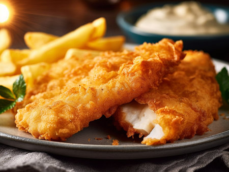 Fish and Chips - A Deliciously Classic British Dish for All to Enjoy. generative AI.の素材