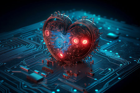 Digital Love: Red Heart-Shaped Computer Circuit Board. generative AI.の素材