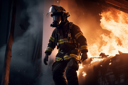 Heroes of the Flames: Realistic Firefighters Battling Raging Inferno. generative AI.の素材