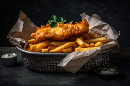 Fish and Chips - A Deliciously Classic British Dish for All to Enjoy. generative AI.の素材