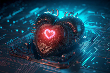 Digital Love: Red Heart-Shaped Computer Circuit Board. generative AI.の素材