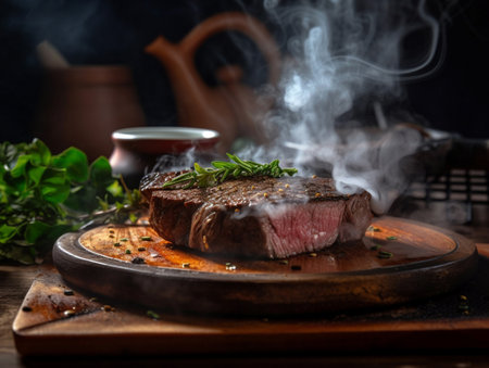 Perfectly Cooked Beef Steak on Rustic Wooden Table. generative AI.の素材