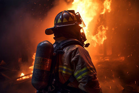 Heroes of the Flames: Realistic Firefighters Battling Raging Inferno. generative AI.の素材