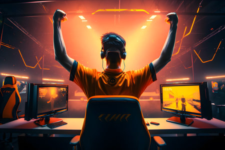 Triumphant Gamer: Professional E-Sports Player Celebrates in Orange Game Room. Generative AI.の素材