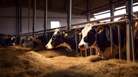Generative AI. Healthy Cows Feeding on Hay in a Clean and Spacious Cowshed on a Dairy Farm.の素材