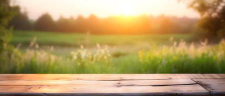 Nature's Serenity: Empty Wooden Table in Front of Wild Meadow at Sunset. generative AI.の素材