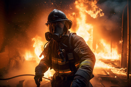 Heroes of the Flames: Realistic Firefighters Battling Raging Inferno. generative AI.の素材