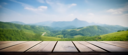 Natural Escape: Empty Old Wooden Table in Front of Green Mountain and Blue Sky. generative AI.の素材