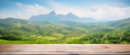 Natural Escape: Empty Old Wooden Table in Front of Green Mountain and Blue Sky. generative AI.の素材