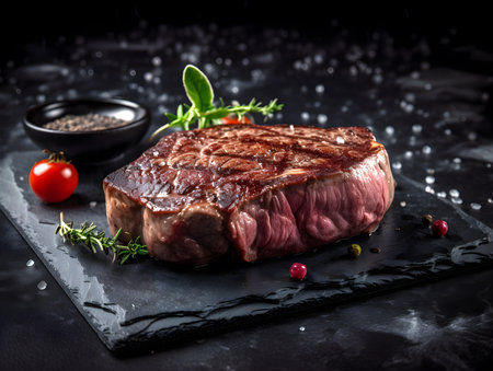 Generative AI. Succulent Beef Steak on Black Stone Table.の素材