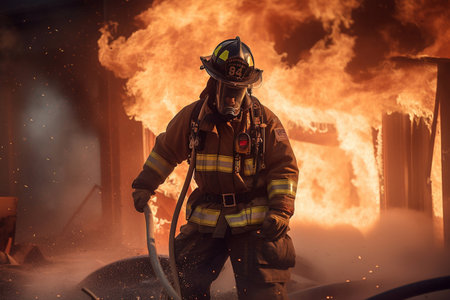 Heroes of the Flames: Realistic Firefighters Battling Raging Inferno. generative AI.の素材