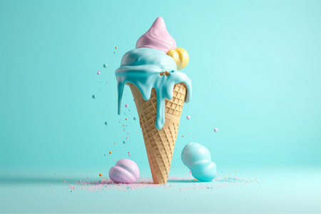 Melting pastel ice cream cones with colorful toppings on blue background. Generative Ai.の素材