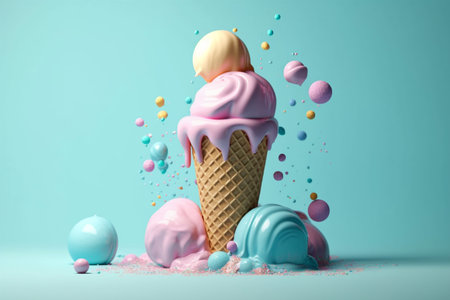 Melting pastel ice cream cones with colorful toppings on blue background. Generative Ai.の素材