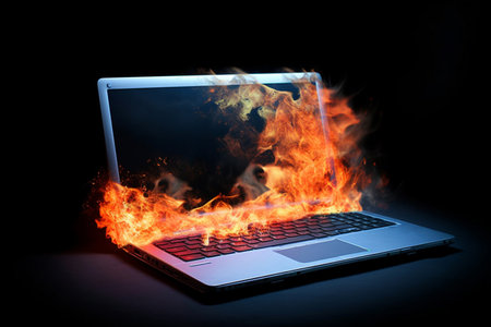 Burning computer notebook: technology failure and data loss concept. Generative Ai.の素材