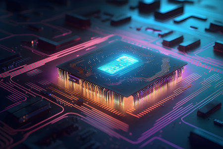 Futuristic Neon Microchip Circuit Board 3D Rendering. Generative AI.の素材