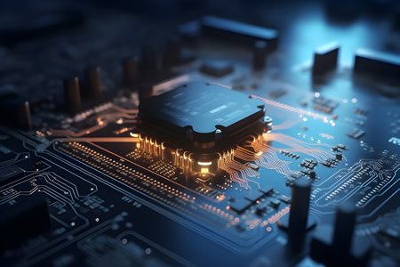 3D Render of Neon Microchip Circuit Board with Floating Cloud. Generative AI.の素材