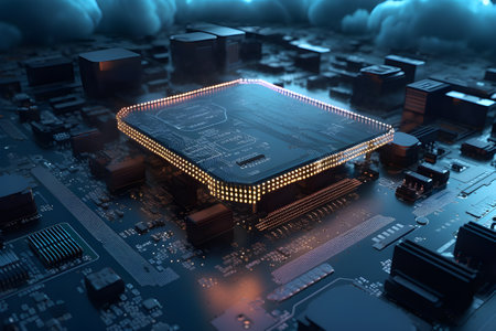3D Render of Neon Microchip Circuit Board with Floating Cloud. Generative AI.の素材
