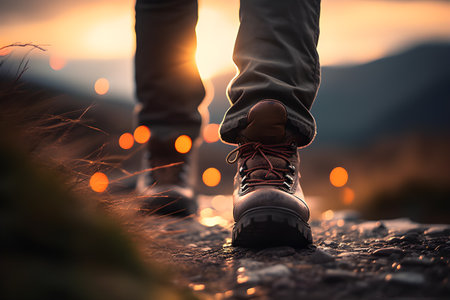 Close-up of Man's Leather Boots Walking Uphill in Morning Light with Bokeh Effect created with Generative AIの素材