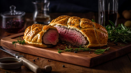 Indulge in the classic British dish with this Beef Wellington on a wooden tray, its savory aroma and appetizing appearance sure to impress created with Generative AIの素材