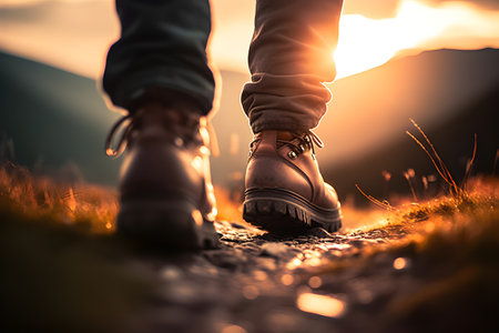 Close-up of Man's Leather Boots Walking Uphill in Morning Light with Bokeh Effect created with Generative AIの素材