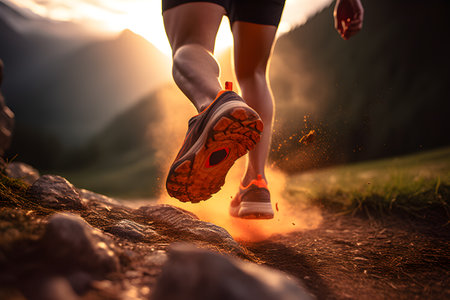 Morning Trail Run: Close-up of male Runner's Legs and Shoes with Abstract Bokeh Lightcreated created with Generative AIの素材
