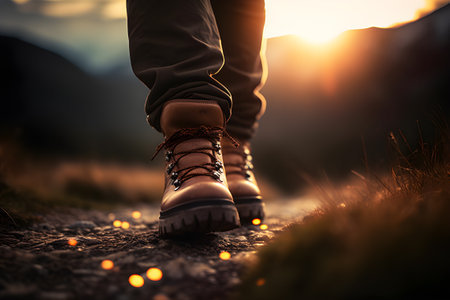 Close-up of Man's Leather Boots Walking Uphill in Morning Light with Bokeh Effect created with Generative AIの素材
