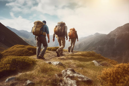 adventurous tourists trek through the mountainous terrain, taking in the stunning natural beauty and fresh air, created with Generative AIの素材