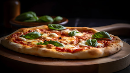 Authentic Margherita Pizza with Fresh Mozzarella and Basil on Wooden Board created with Generative AIの素材