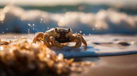 A crab crawls on a sandy beach under the bright sun. The waves of the sea can be seen in the background created with Generative AIの素材