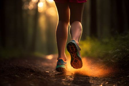 Morning Trail Run: Close-up of Female Runner's Legs and Shoes with Abstract Bokeh Lightcreated created with Generative AIの素材