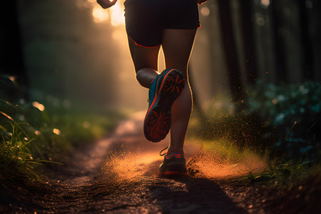 Morning Trail Run: Close-up of Female Runner's Legs and Shoes with Abstract Bokeh Lightcreated created with Generative AIの素材