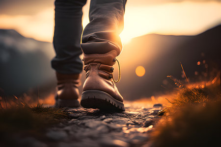 Close-up of Man's Leather Boots Walking Uphill in Morning Light with Bokeh Effect created with Generative AIの素材