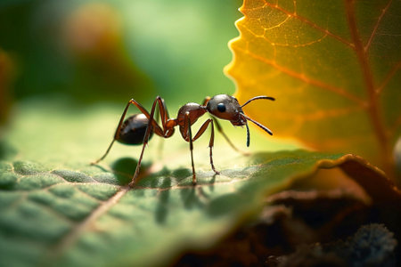 Macro Shot of Ant Carrying Leaf in Forest Habitat on Summer Day created with Generative AIの素材