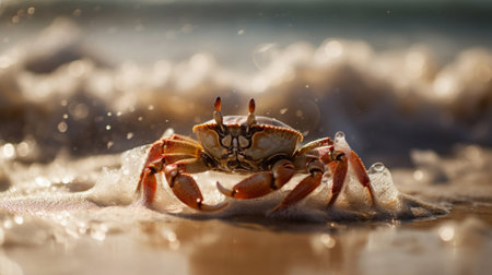 A crab crawls on a sandy beach under the bright sun. The waves of the sea can be seen in the background created with Generative AIの素材