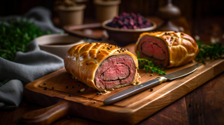 Indulge in the classic British dish with this Beef Wellington on a wooden tray, its savory aroma and appetizing appearance sure to impress created with Generative AIの素材