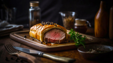 Indulge in the classic British dish with this Beef Wellington on a wooden tray, its savory aroma and appetizing appearance sure to impress created with Generative AIの素材