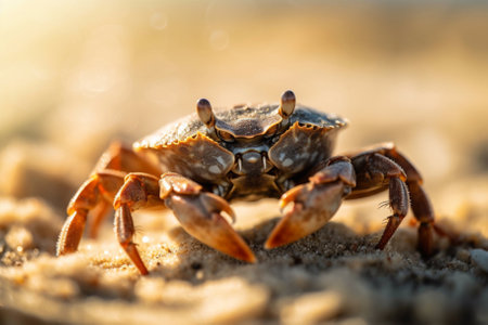 A crab crawls on a sandy beach under the bright sun. The waves of the sea can be seen in the background created with Generative AIの素材