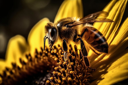 a busy bee collects nectar from a vibrant sunflower on a sunny day, showcasing the wild and fascinating life of insects. created with Generative AIの素材