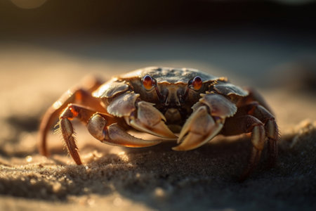 A crab crawls on a sandy beach under the bright sun. The waves of the sea can be seen in the background created with Generative AIの素材