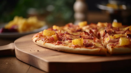 Delicious Hawaiian Pizza with Ham and Pineapple Toppings on Tomato Sauce and Cheese Base created with Generative AIの素材