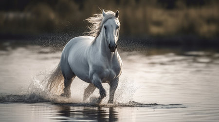 Beautiful horse running over water with reflection, created with Generative AIの素材