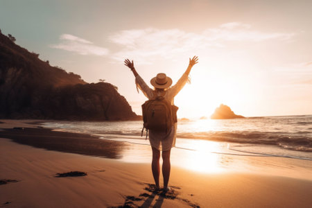 Happy woman with arms up enjoying freedom at the beach at sunset. Wellness, success, freedom and travel, created with Generative AIの素材