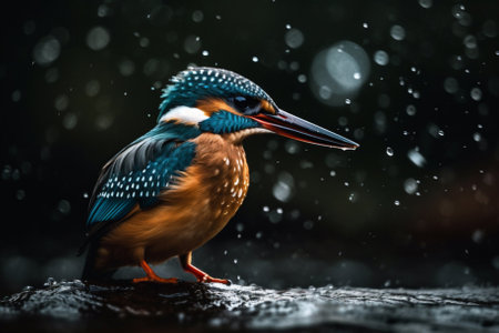 the beauty of nature as a kingfisher catches a fish in cinematic lighting, created with Generative AIの素材