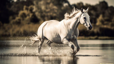 Beautiful horse running over water with reflection, created with Generative AIの素材