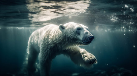 an arctic polar bear as it dives in the sea, created with Generative AIの素材