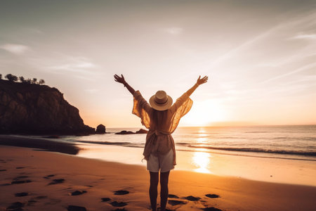 Happy woman with arms up enjoying freedom at the beach at sunset. Wellness, success, freedom and travel, created with Generative AIの素材