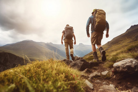 adventurous tourists trek through the mountainous terrain, taking in the stunning natural beauty and fresh air, created with Generative AIの素材