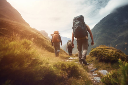 adventurous tourists trek through the mountainous terrain, taking in the stunning natural beauty and fresh air, created with Generative AIの素材